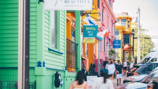 street view of colourful buildings