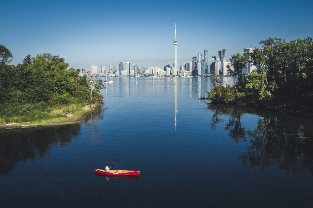 Person in water in red canoe in the foreground overlooking Toronto skyline and CN tower in background - trees coming in from the sides of the image